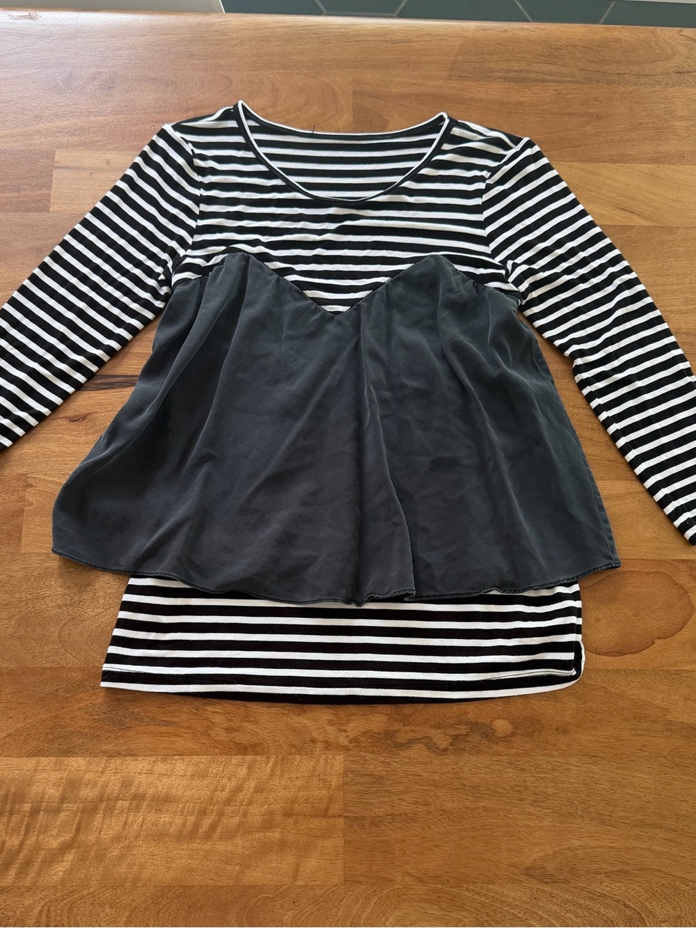 BCBG Meghan Flouncy Top White & Black Stripe Long Sleeve w/ Black Overlay Medium